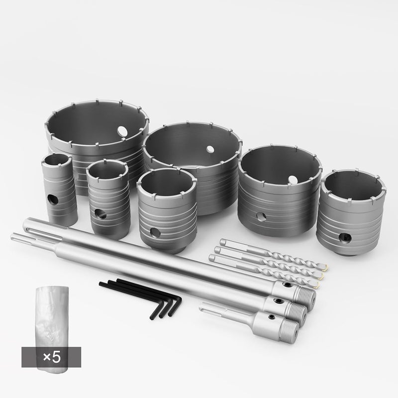 GSTK 7pcs Concrete Hole Saw Set (30mm, 40mm, 50mm, 65mm, 80mm, 100mm, 120mm) with SDS Plus Shank Attachment Bar - Ideal for Concrete, Cement, Brick, Stone, and Walls. - Image 1